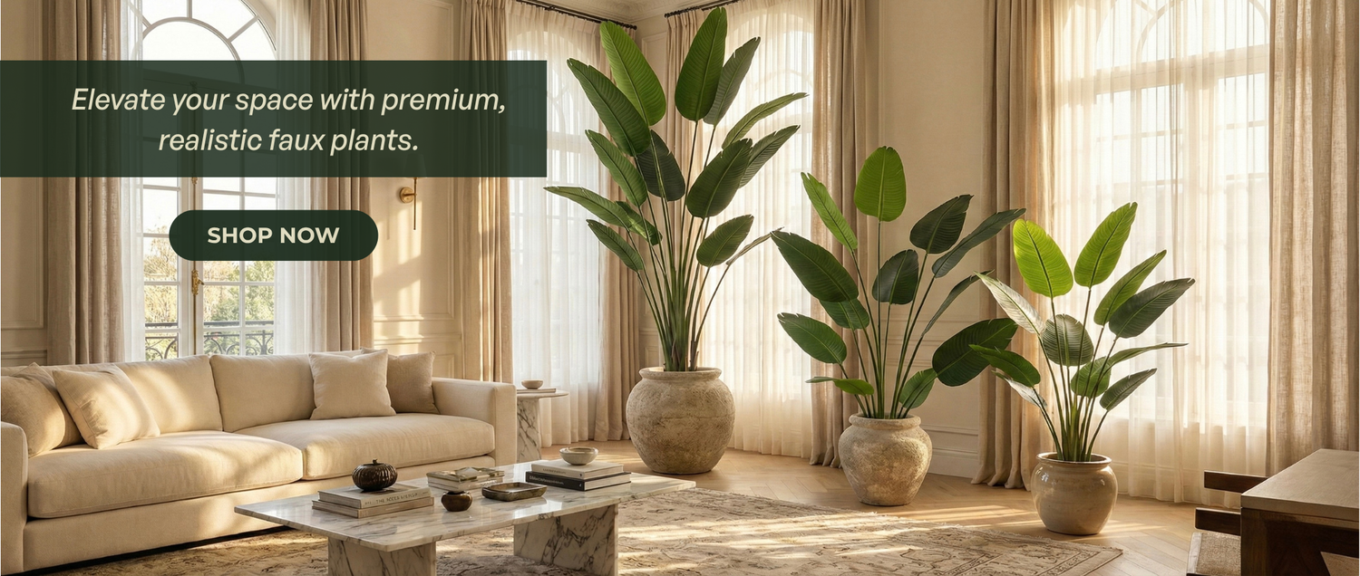 Living room with large potted plants and a promotional banner for premium faux plants.