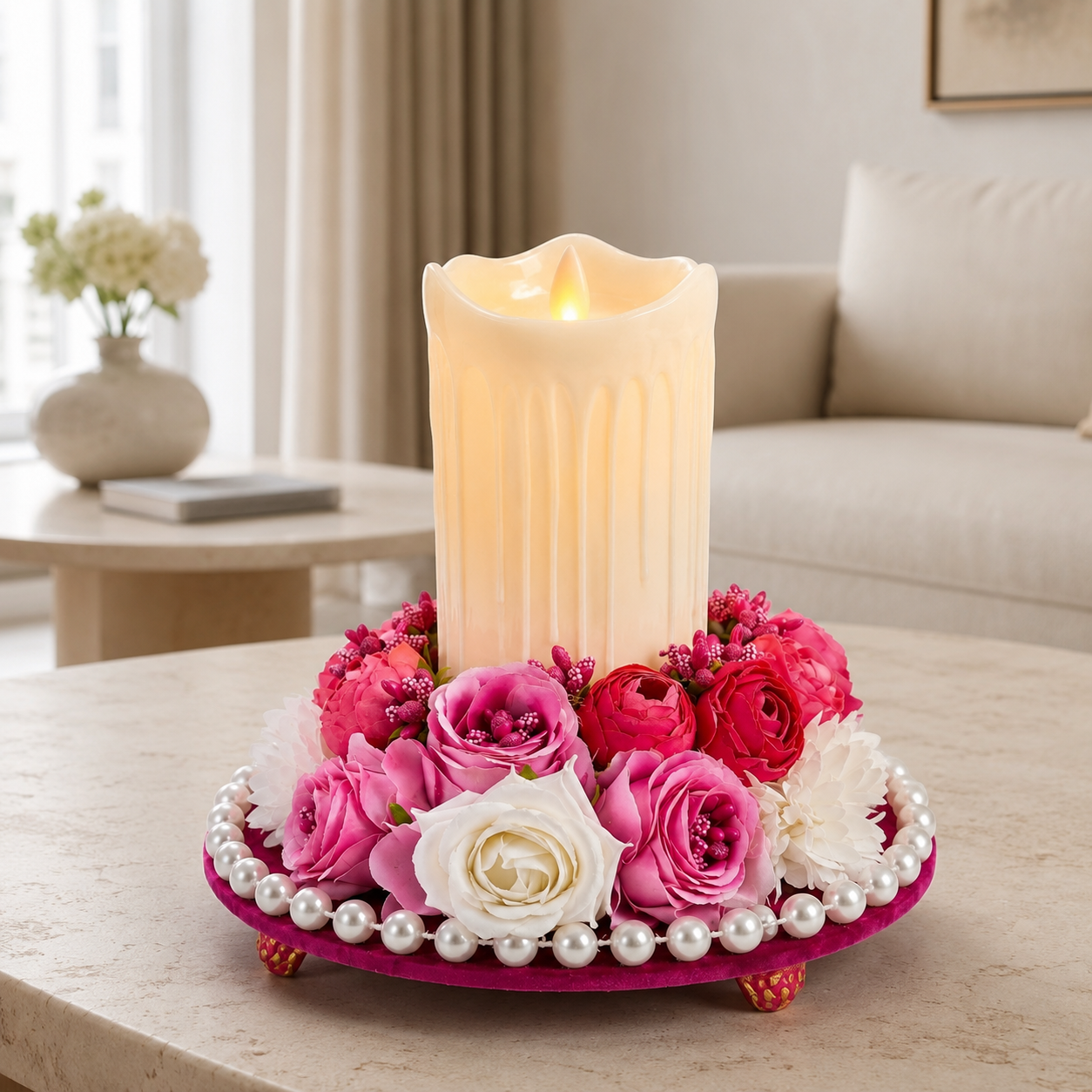 Pink Floral LED Candle Centerpiece