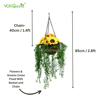 Artificial Sunflower Hanging Basket With Creepers 85cm/2.8ft With Chain