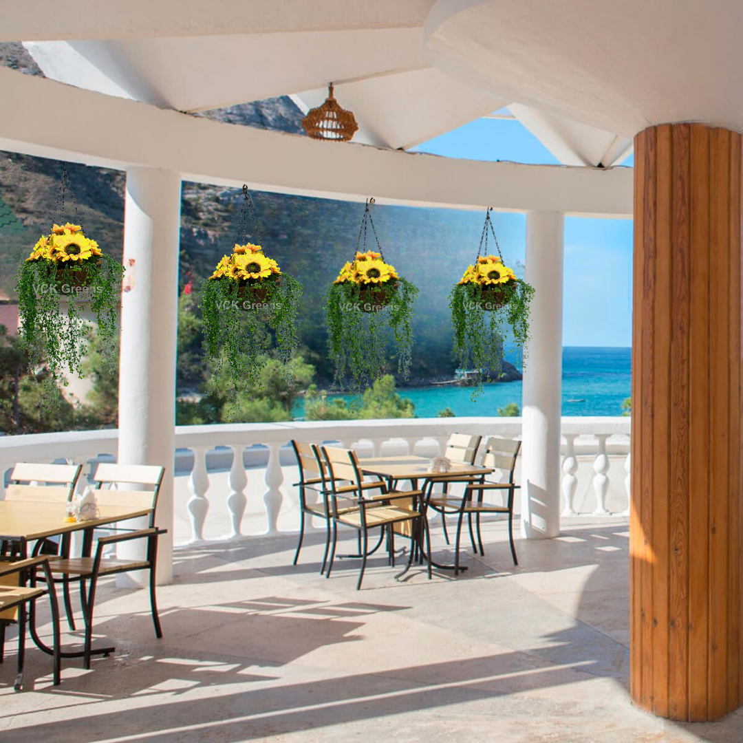 Artificial Sunflower Hanging Basket With Creepers 85cm/2.8ft With Chain