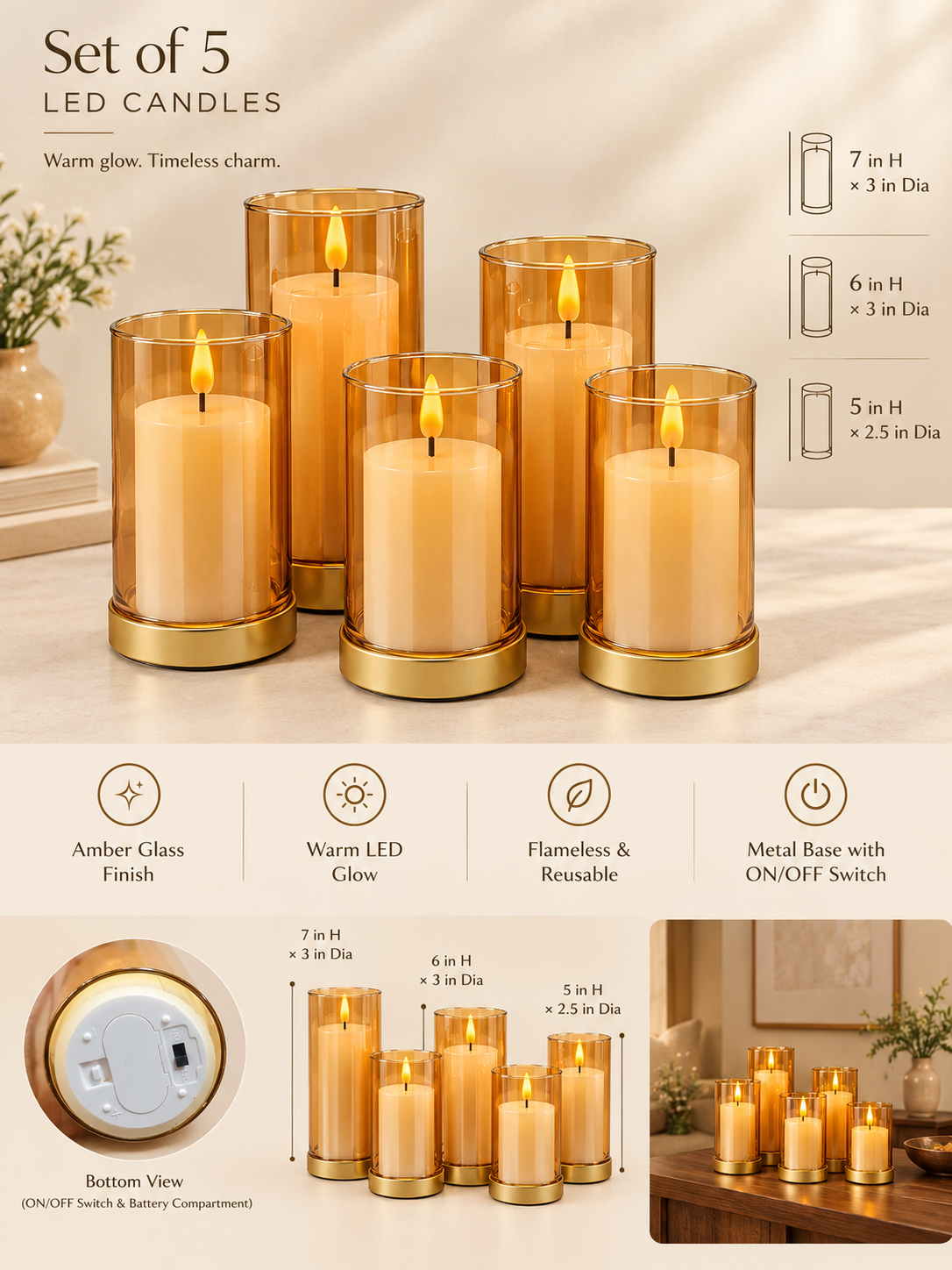 Golden Glow Amber Glass LED Candle (Set of 5)