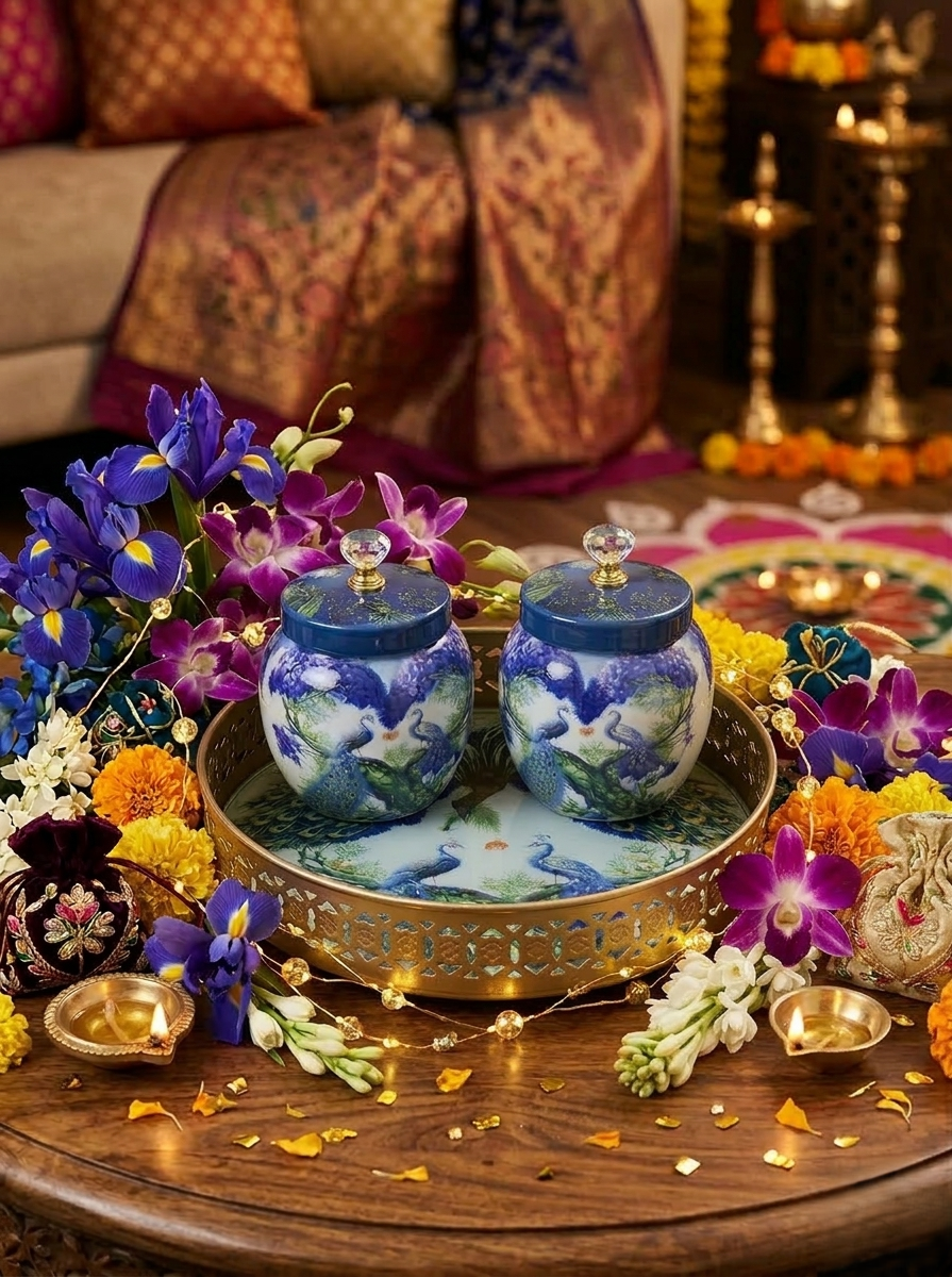 Peacock Printed Metal Jar Set with Golden Basket Tray (Set of 2)