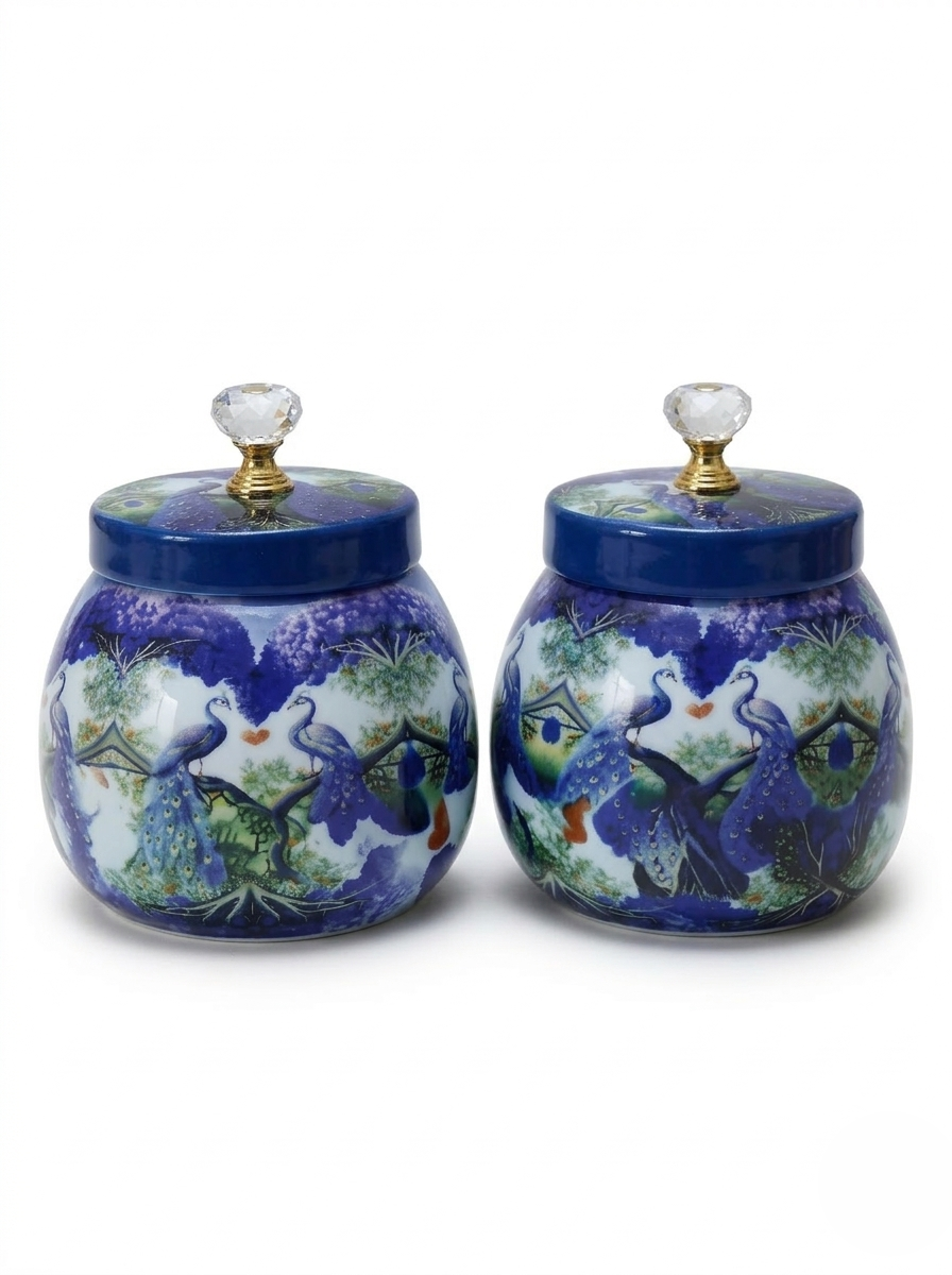 Peacock Printed Metal Jar Set with Golden Basket Tray (Set of 2)