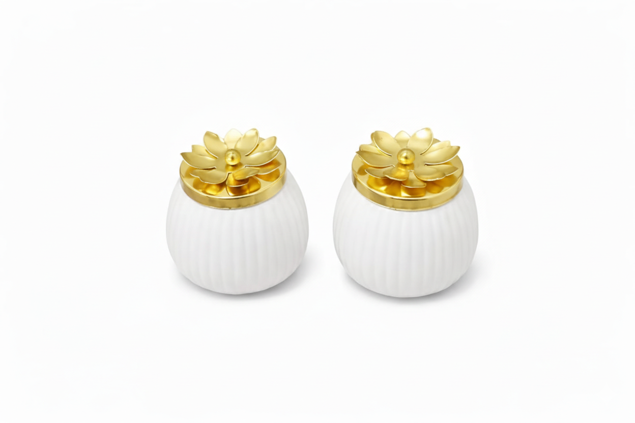White Decorative Dry Fruit Jar with Golden Flower Lid (Set of 2)