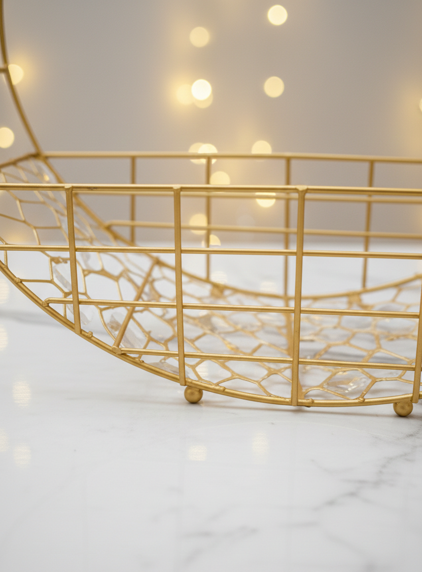 Golden Round Metal Gift Basket with Handle – 28cm