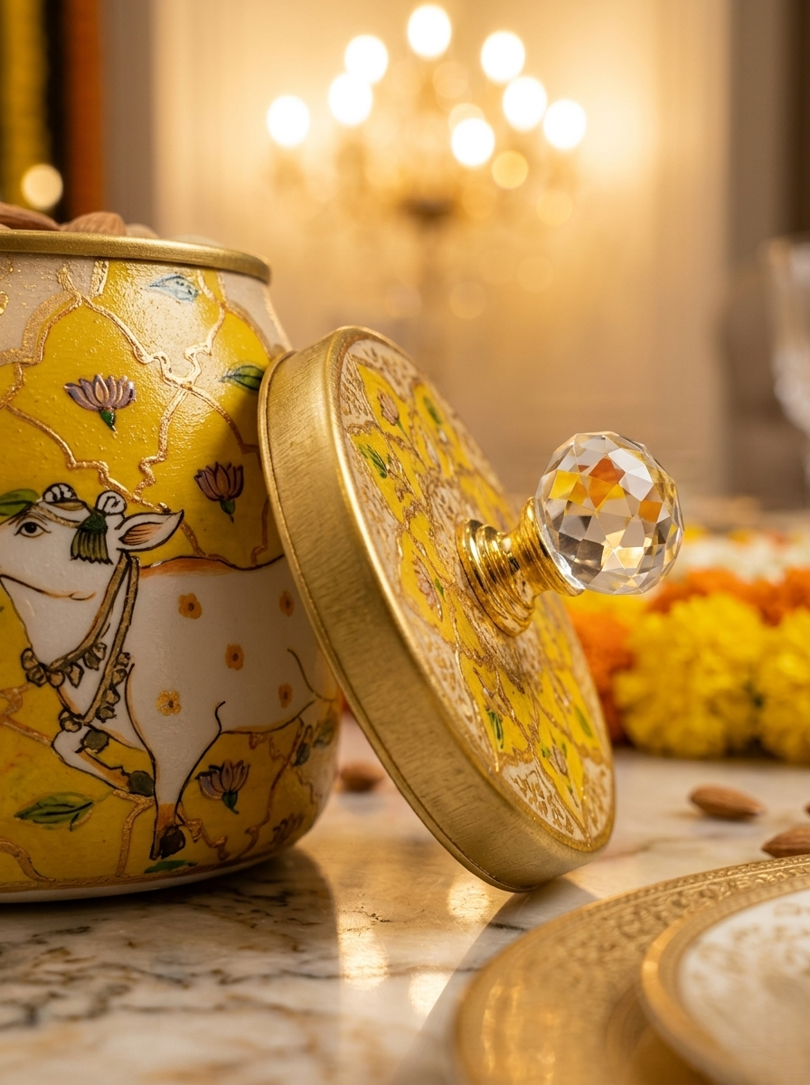 Yellow Hand-Painted Decorative Metal Jars (Set of 2)