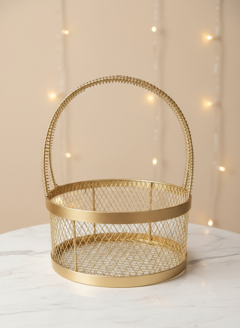 Round Gold Metal Mesh Basket with Handle – 8 x 8 Inch