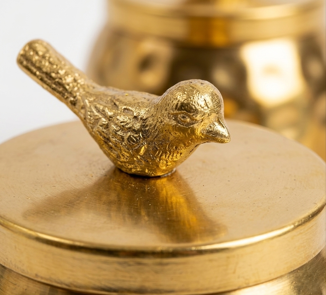 Hammered Gold Decorative Jar with Bird Lid – Set of 2