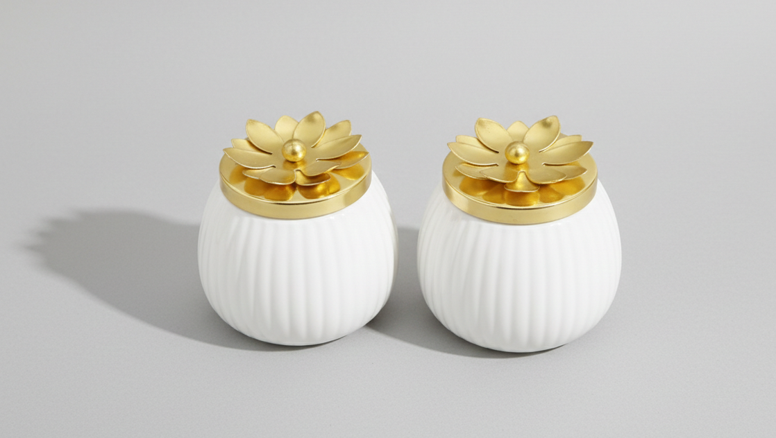 White Decorative Dry Fruit Jar with Golden Flower Lid (Set of 2)