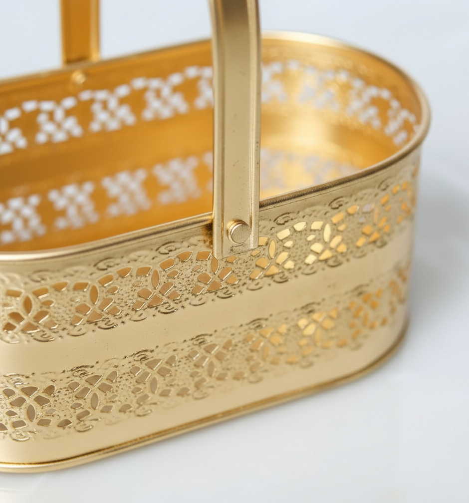 Golden Oval Shaped Metal Decorative Basket With Handle