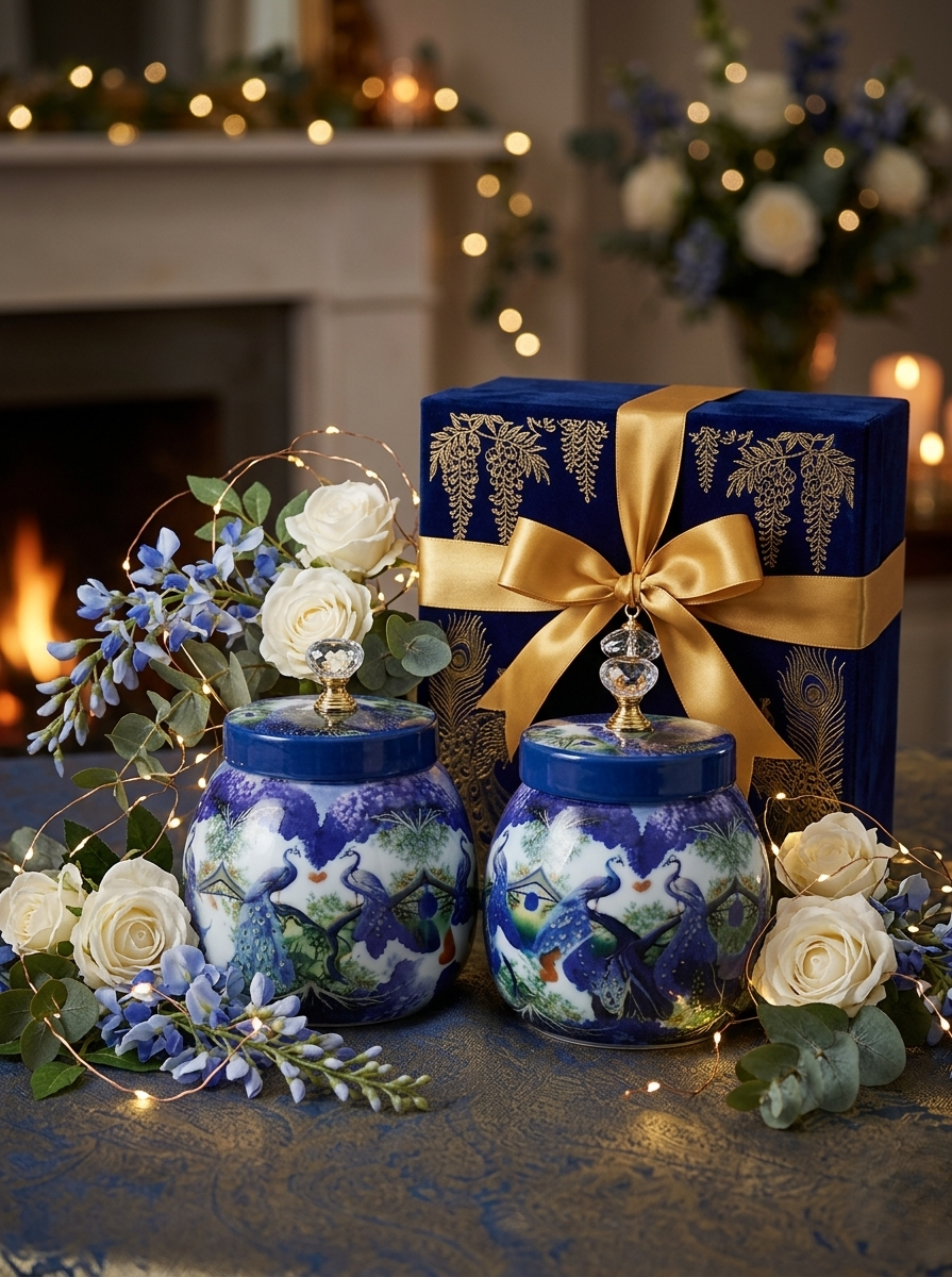 Peacock Printed Metal Jar Set with Golden Basket Tray (Set of 2)