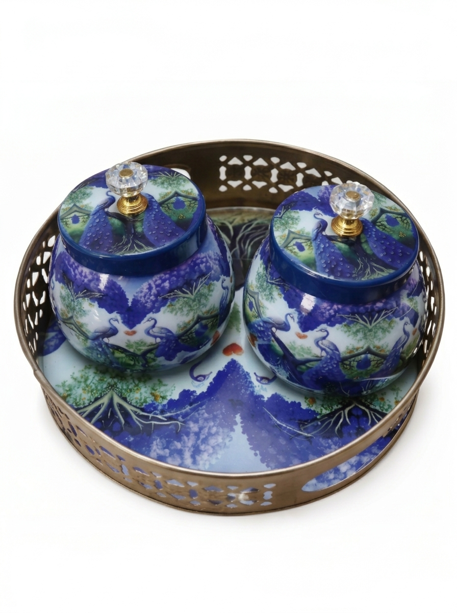 Peacock Printed Metal Jar Set with Golden Basket Tray (Set of 2)