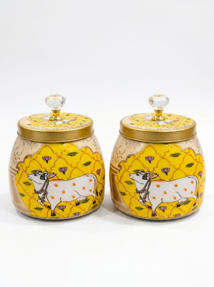 Yellow Hand-Painted Decorative Metal Jars (Set of 2)