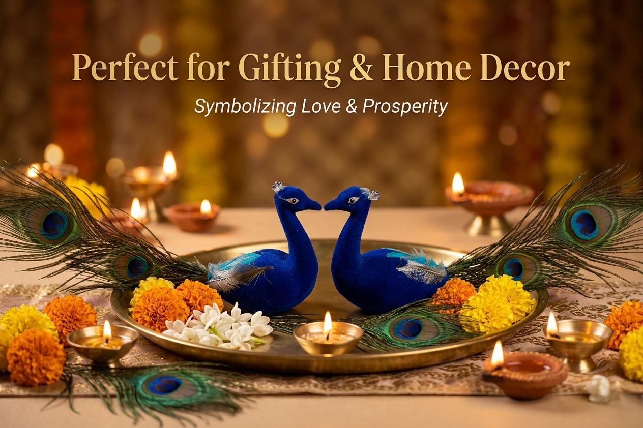 Decorative Blue Peacock Pair with Natural Feather Tail