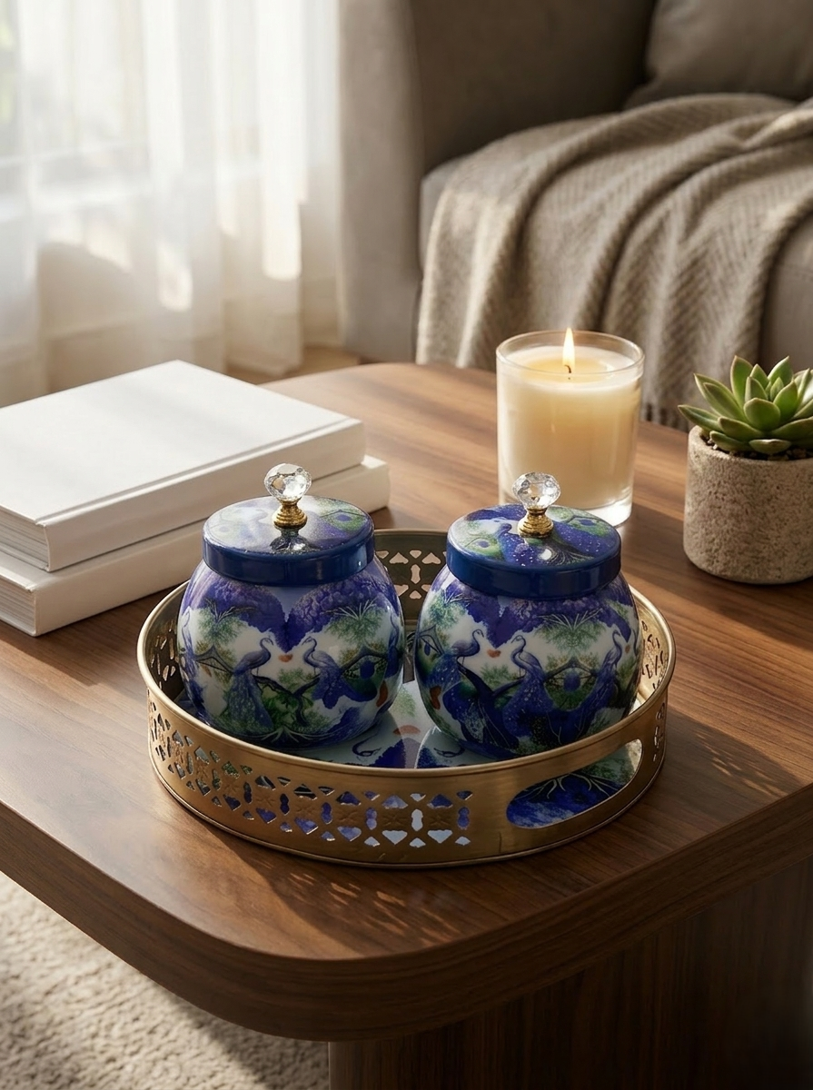 Peacock Printed Metal Jar Set with Golden Basket Tray (Set of 2)
