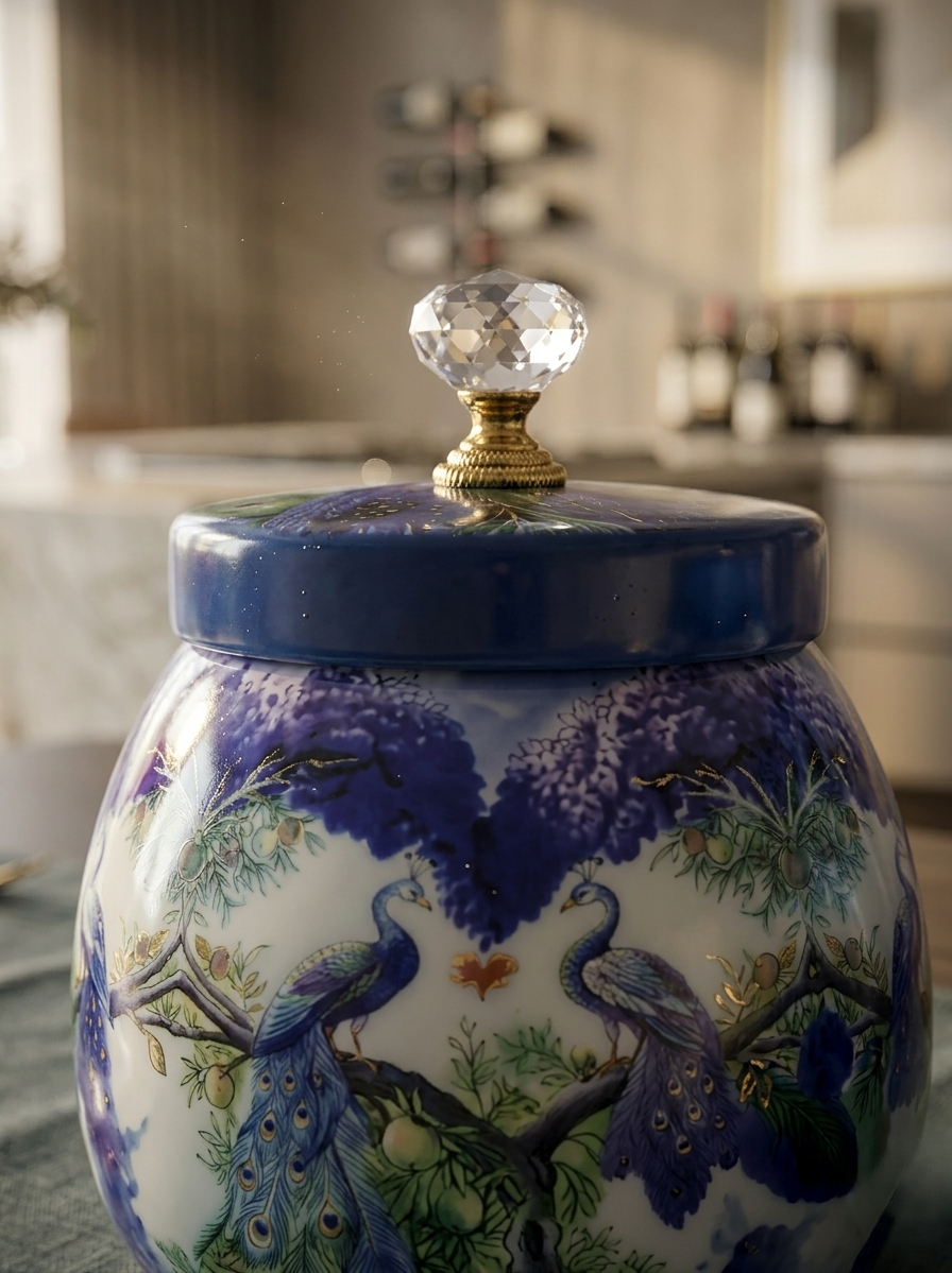 Peacock Printed Metal Jar Set with Golden Basket Tray (Set of 2)