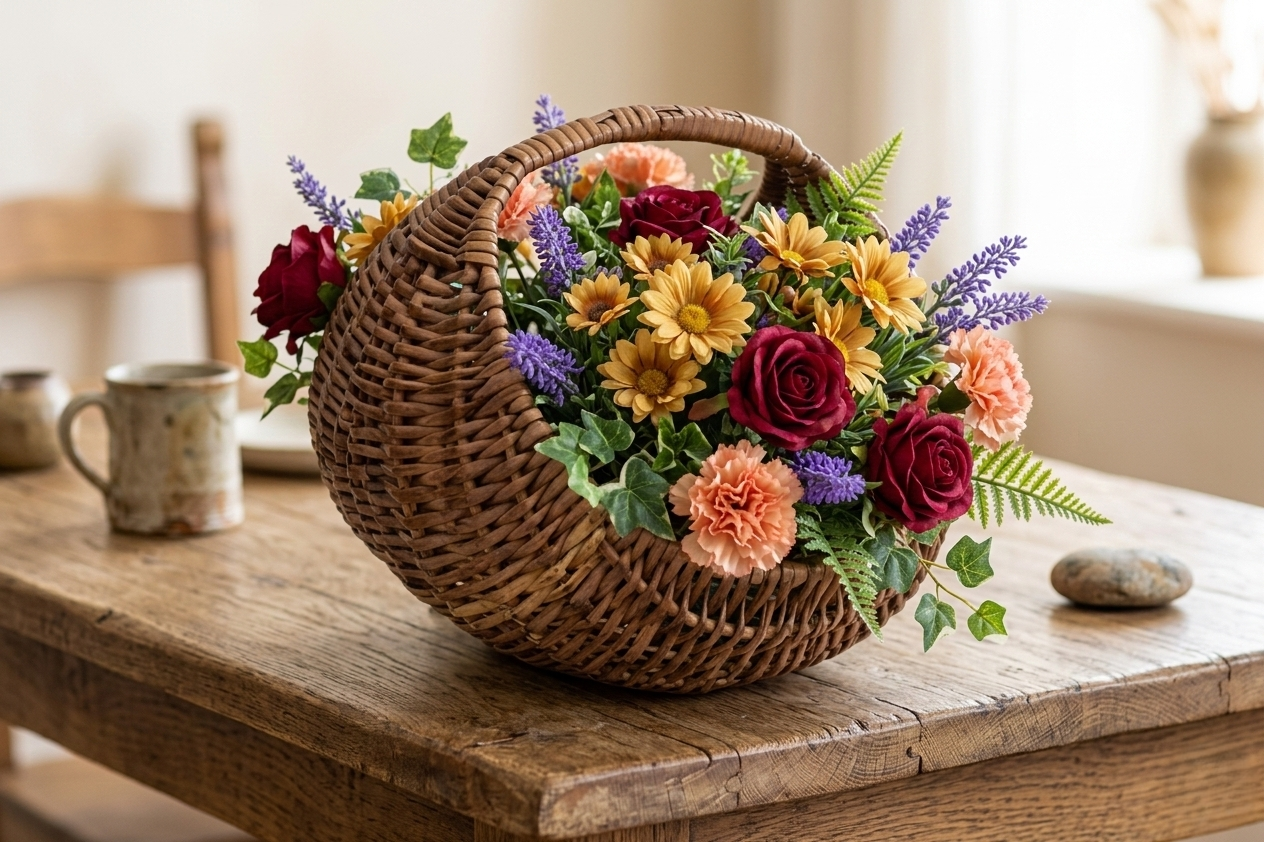 Handwoven Cane Basket with Built-In Handle