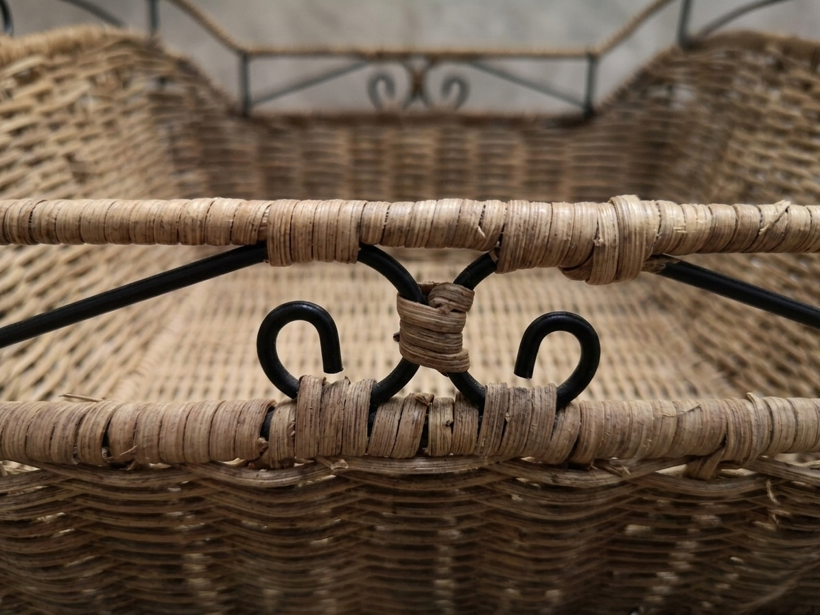Handwoven Cane Basket Tray with Metal Frame & Handles