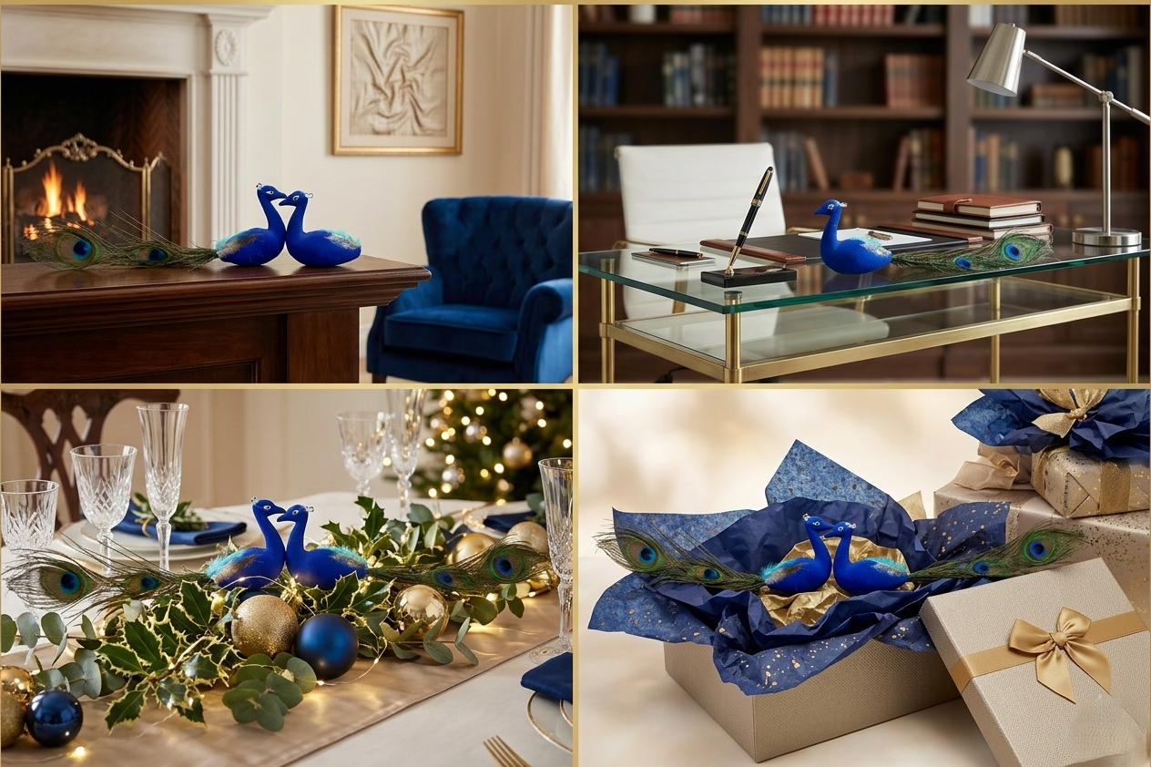 Decorative Blue Peacock Pair with Natural Feather Tail