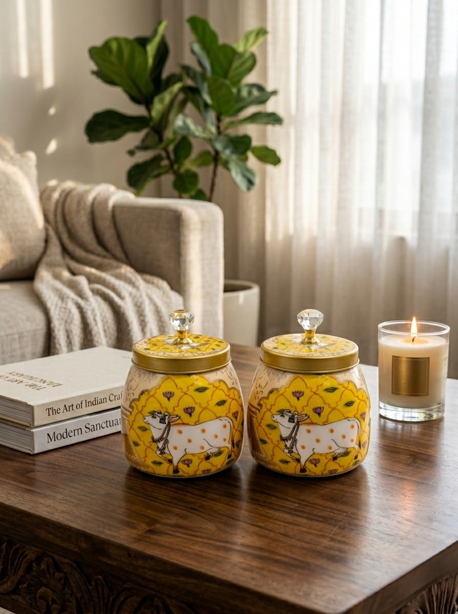 Hand-Painted Kamdhenu Metal Jars (Set of 2)