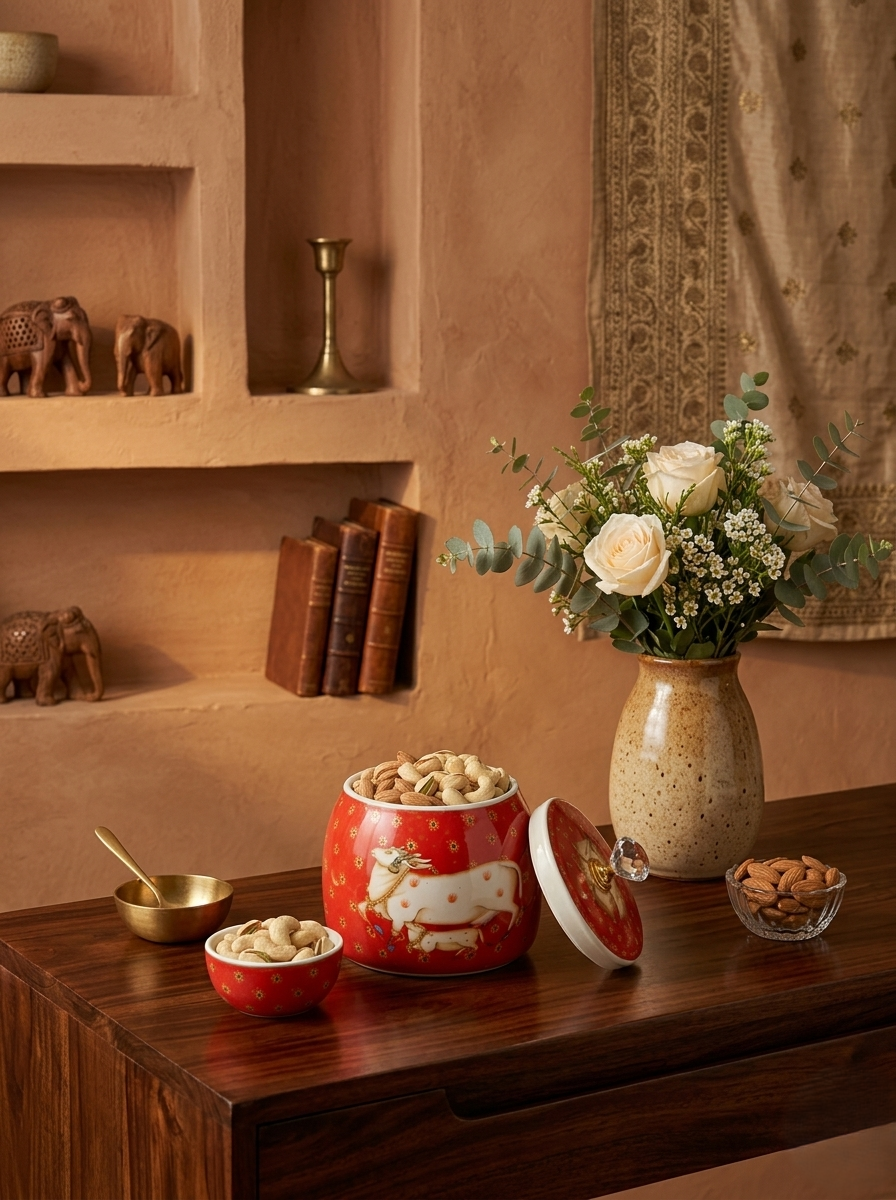 Hand-Painted Kamdhenu Metal Jars (Set of 2)