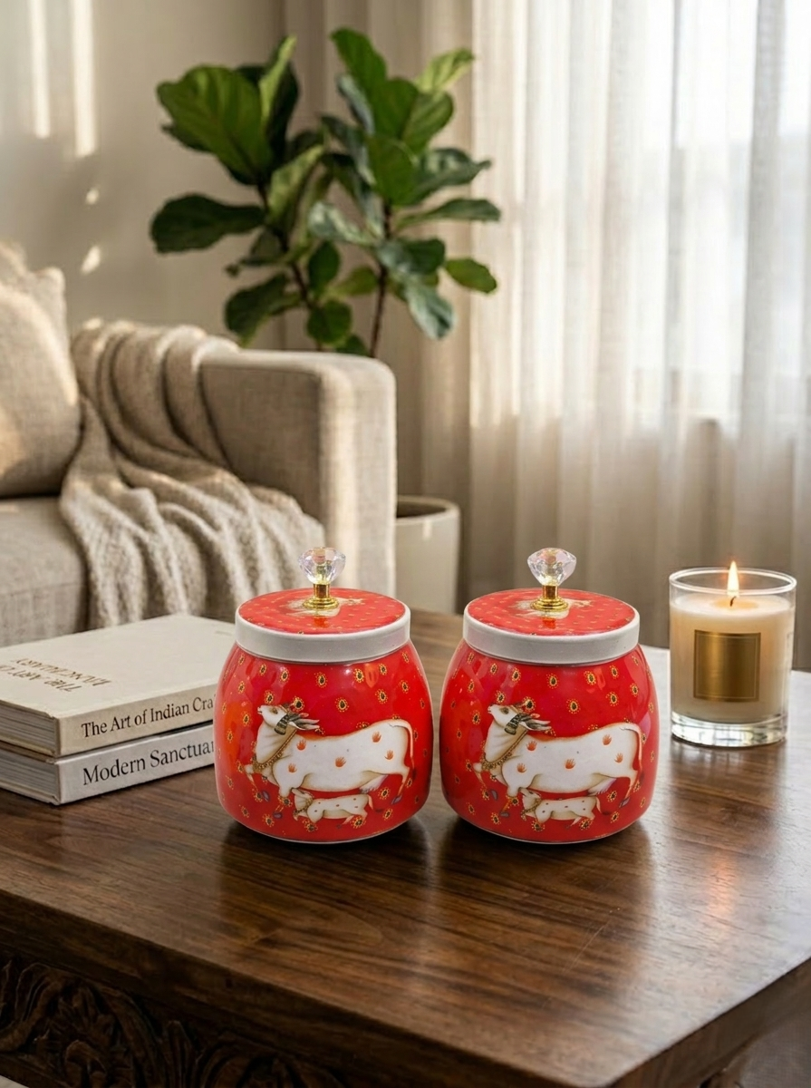 Hand-Painted Kamdhenu Metal Jars (Set of 2)