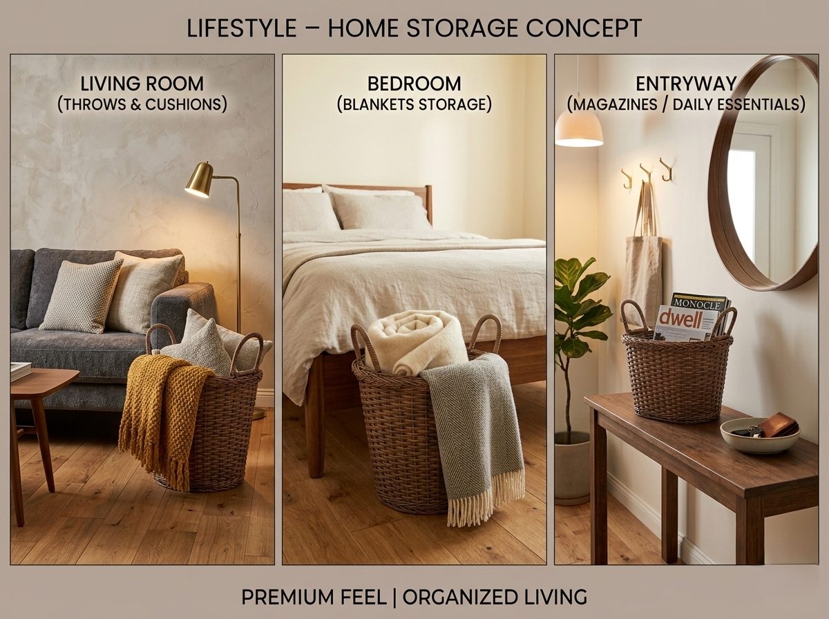 Handwoven Cane Storage Basket with Handle – Set of 3