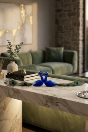 Decorative Blue Peacock Pair with Natural Feather Tail