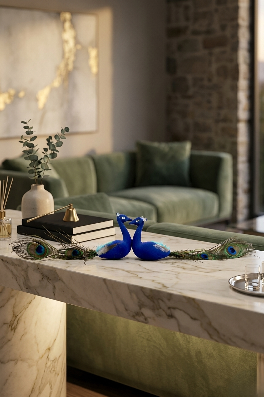 Decorative Blue Peacock Pair with Natural Feather Tail