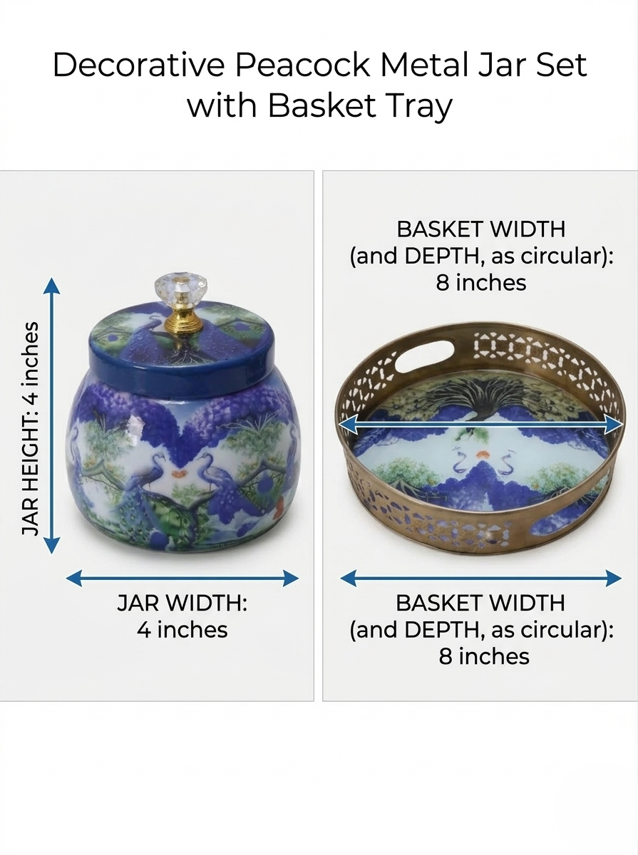 Peacock Printed Metal Jar Set with Golden Basket Tray (Set of 2)