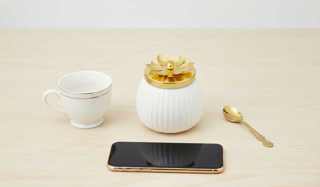 White Decorative Dry Fruit Jar with Golden Flower Lid (Set of 2)