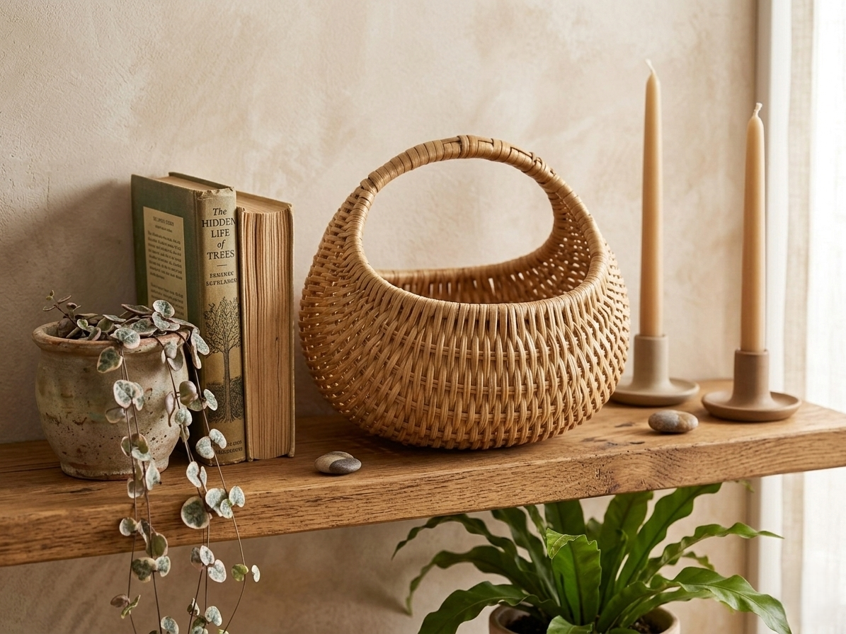 Mini Handwoven Cane Basket with Built-In Handle