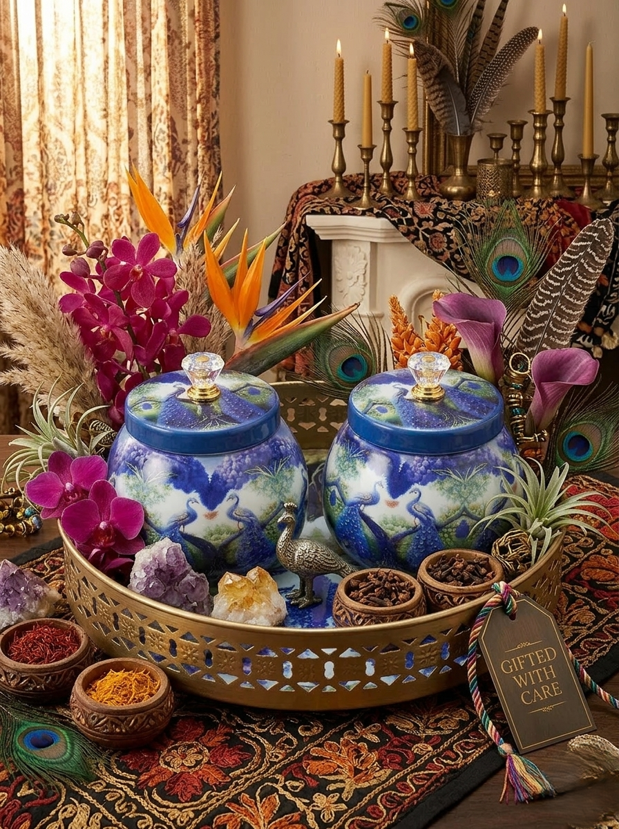 Peacock Printed Metal Jar Set with Golden Basket Tray (Set of 2)