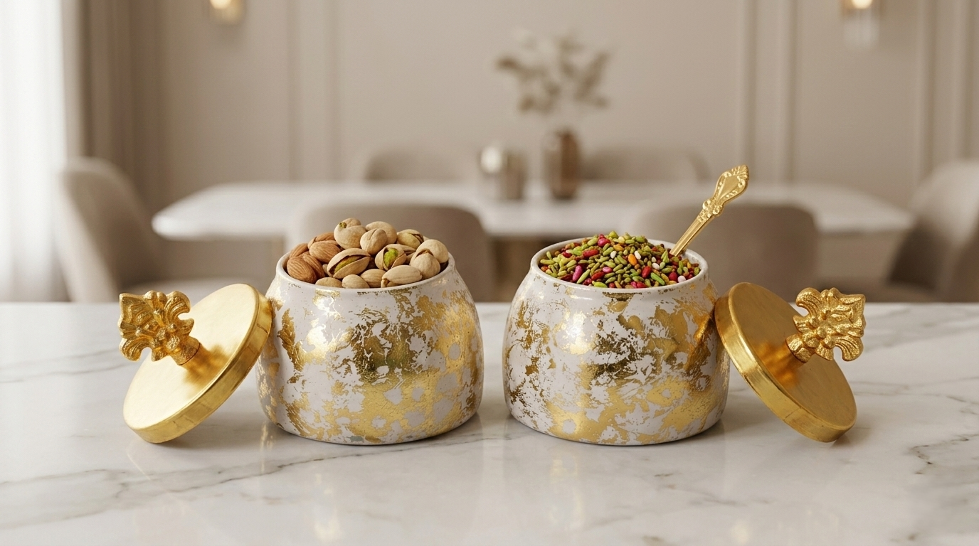 Gold & White Decorative Dry Fruit Jar Set (Set of 2)