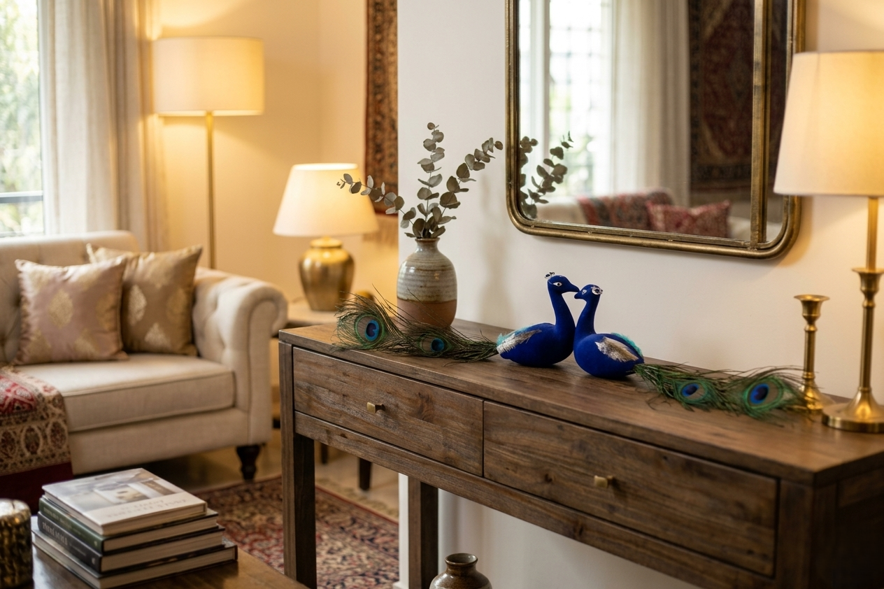 Decorative Blue Peacock Pair with Natural Feather Tail