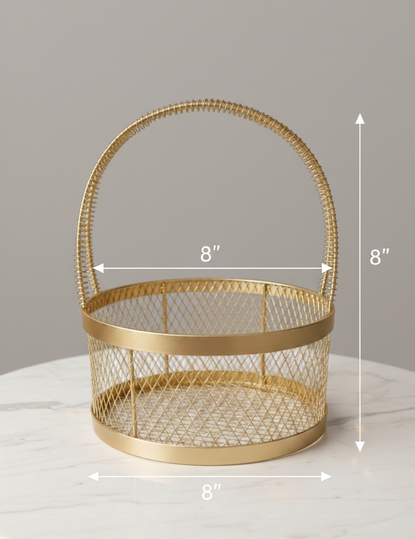 Round Gold Metal Mesh Basket with Handle – 8 x 8 Inch