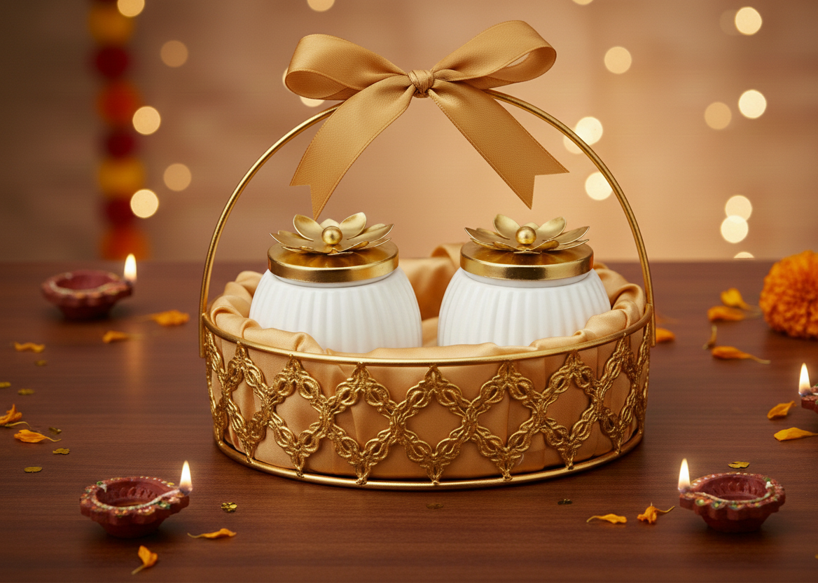 White Decorative Dry Fruit Jar with Golden Flower Lid (Set of 2)