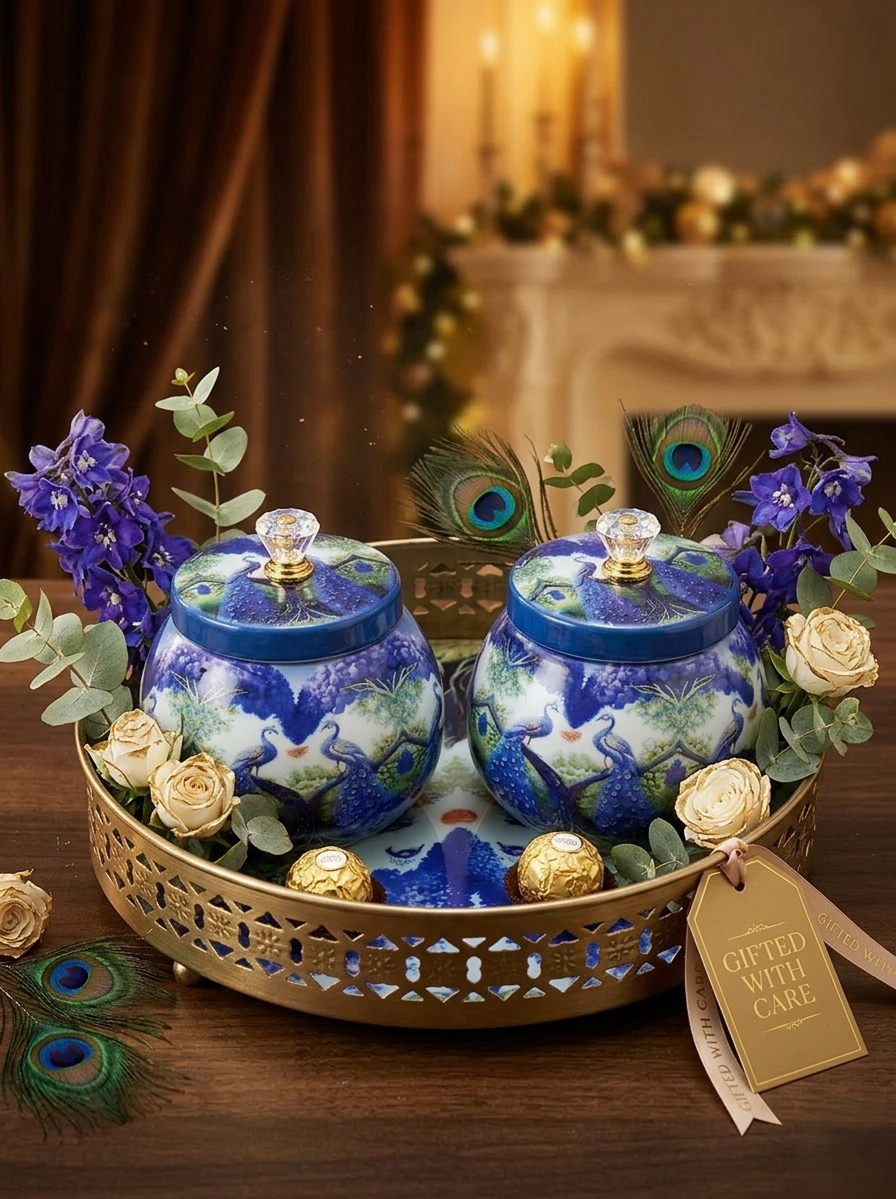 Peacock Printed Metal Jar Set with Golden Basket Tray (Set of 2)