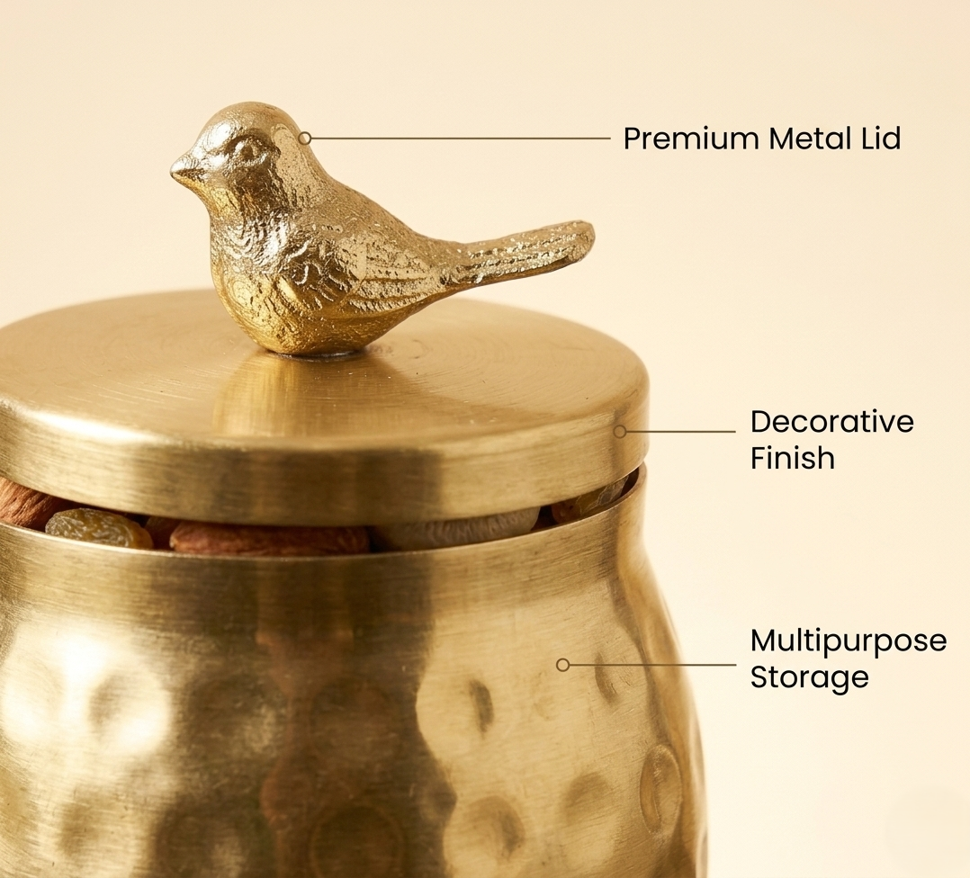 Hammered Gold Decorative Jar with Bird Lid – Set of 2