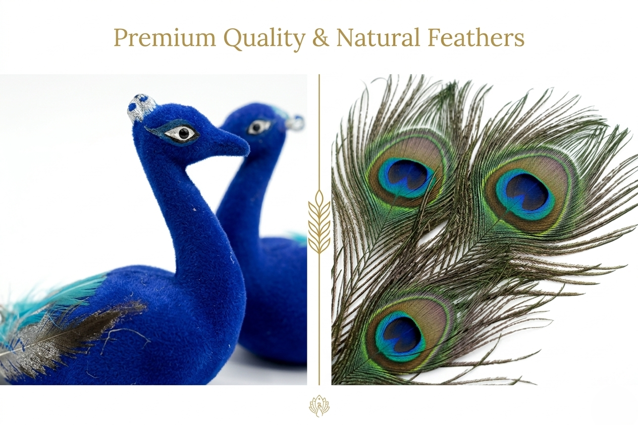 Decorative Blue Peacock Pair with Natural Feather Tail