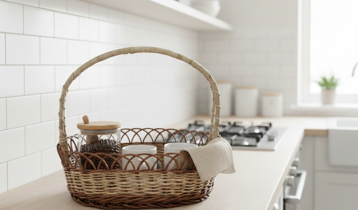 Handwoven Cane Basket with Handle