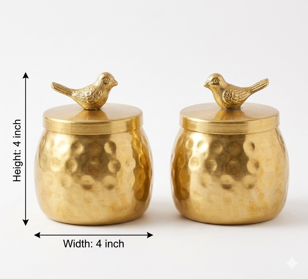 Hammered Gold Decorative Jar with Bird Lid – Set of 2