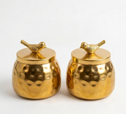 Hammered Gold Decorative Jar with Bird Lid – Set of 2