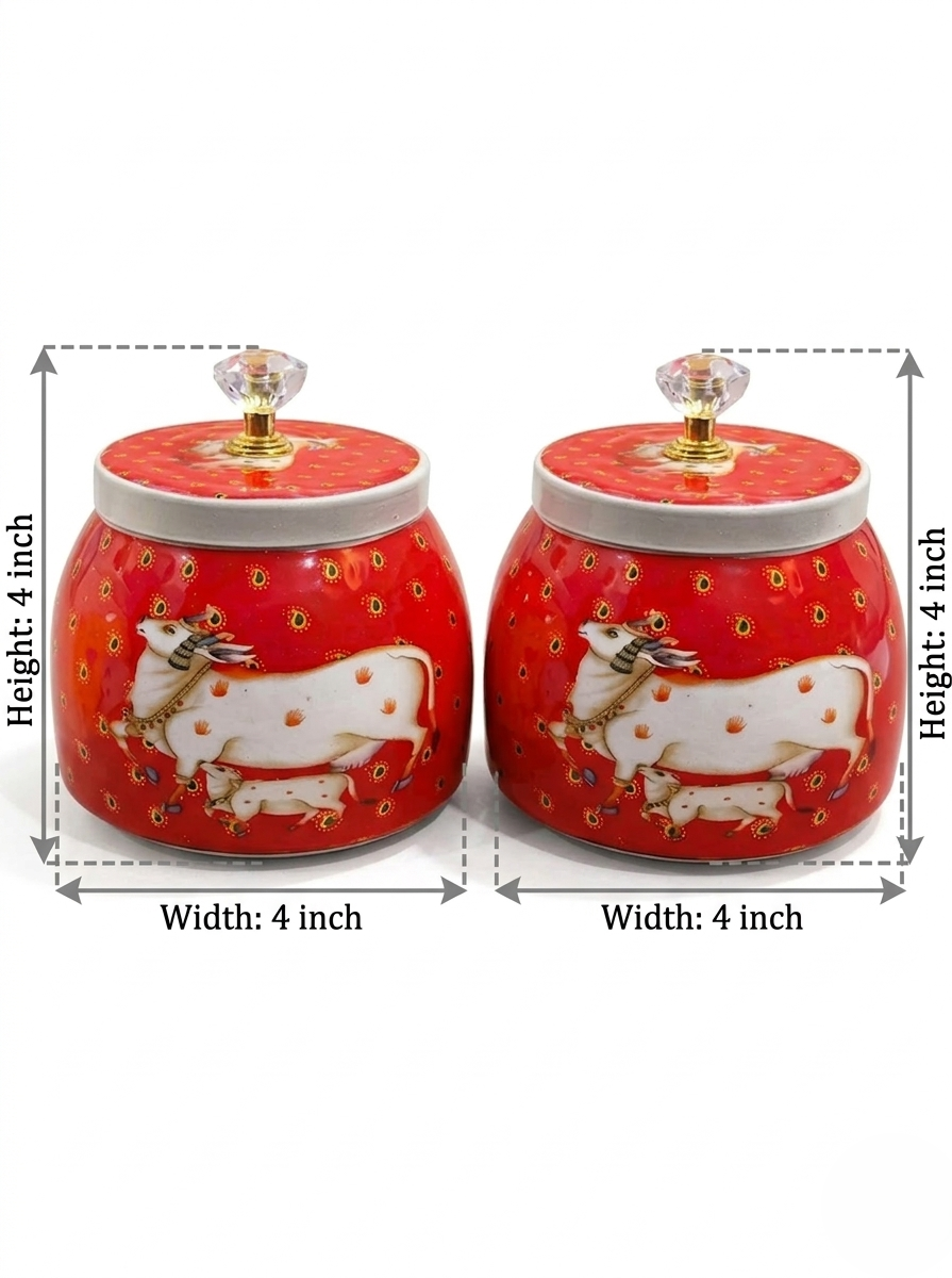 Hand-Painted Kamdhenu Metal Jars (Set of 2)