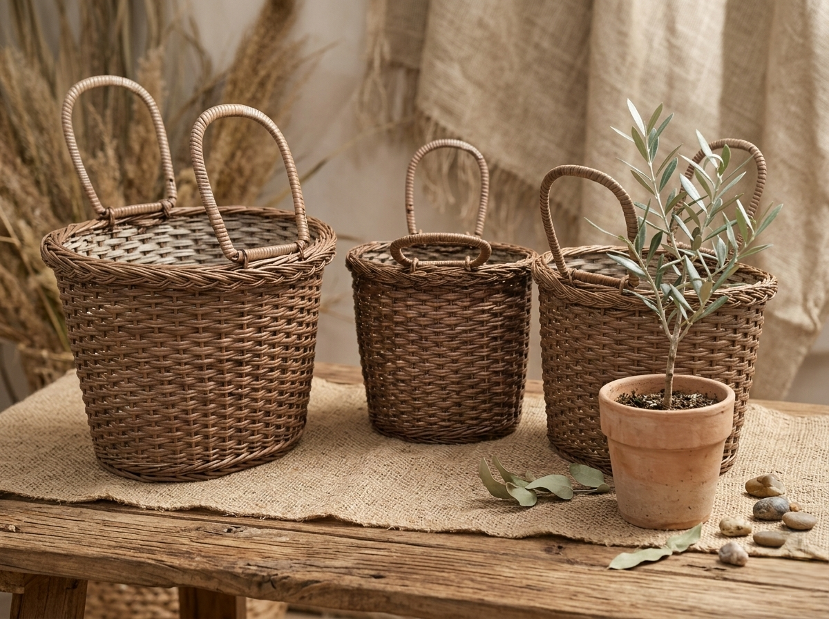 Handwoven Cane Storage Basket with Handle – Set of 3