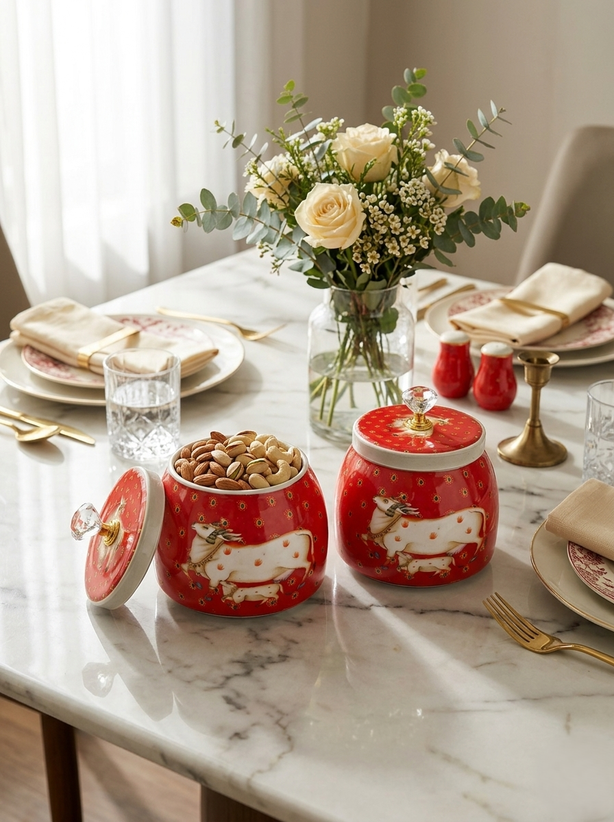 Hand-Painted Kamdhenu Metal Jars (Set of 2)