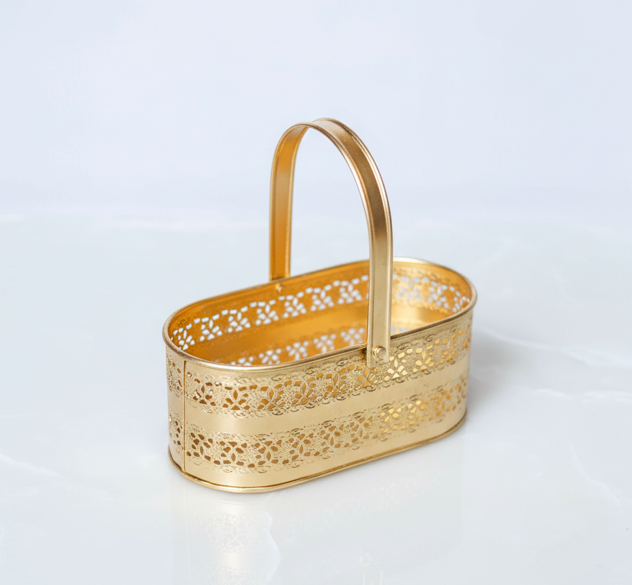 Golden Oval Shaped Metal Decorative Basket With Handle
