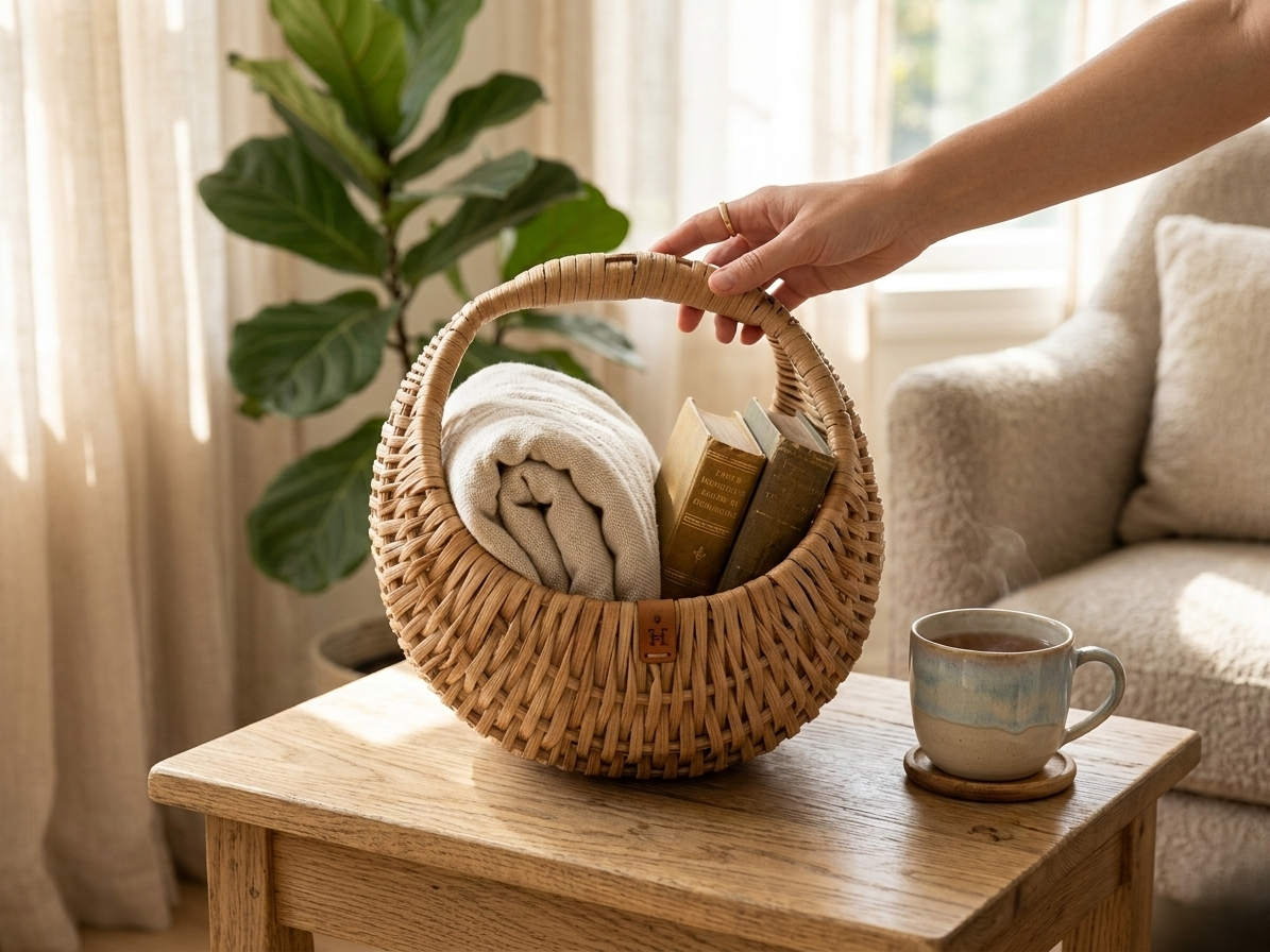 Handwoven Cane Basket with Built-In Handle