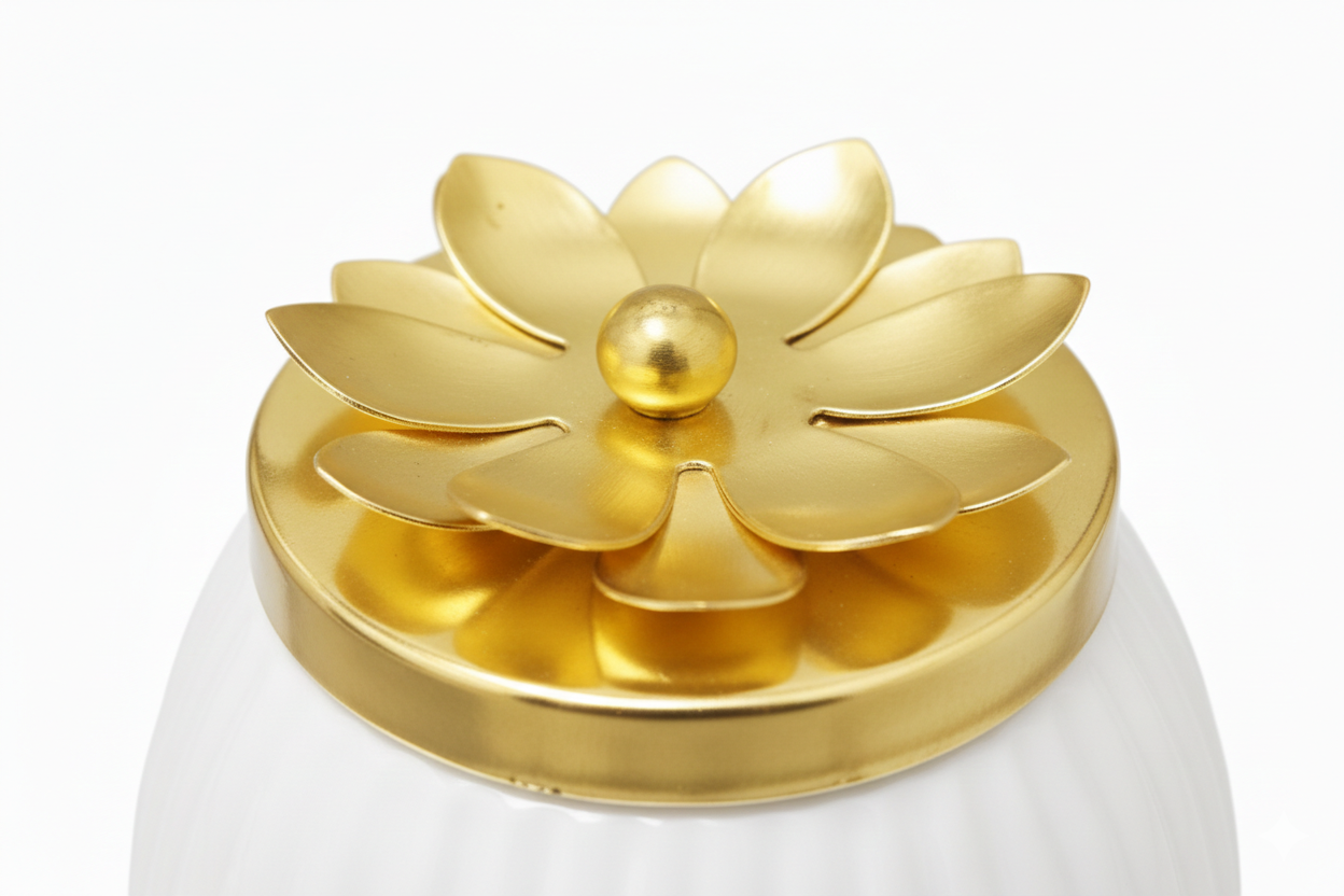 White Decorative Dry Fruit Jar with Golden Flower Lid (Set of 2)