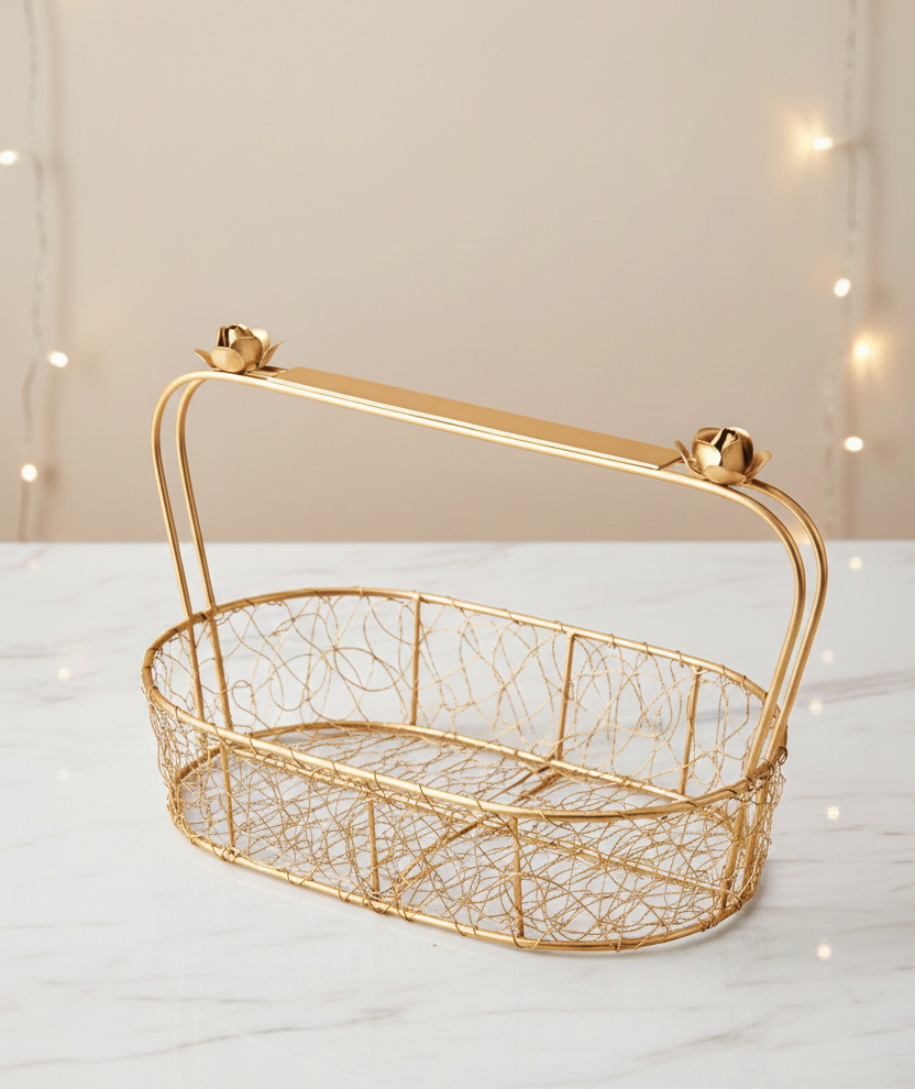 Oval Gold Metal Decorative Basket with Handle